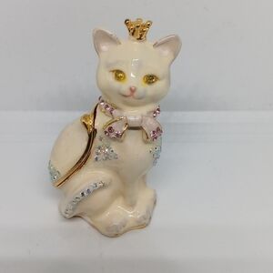 Vintage Enameled Metal Cat Trinket Box with Crystals Princess Queen Pink Cream
